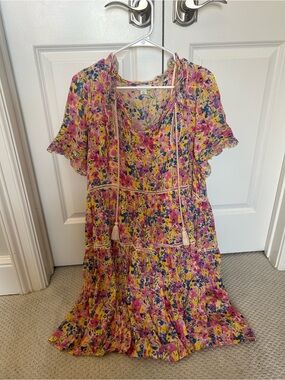 Sundance Yellow Floral Tiered Dress with Pink & Blue Accents